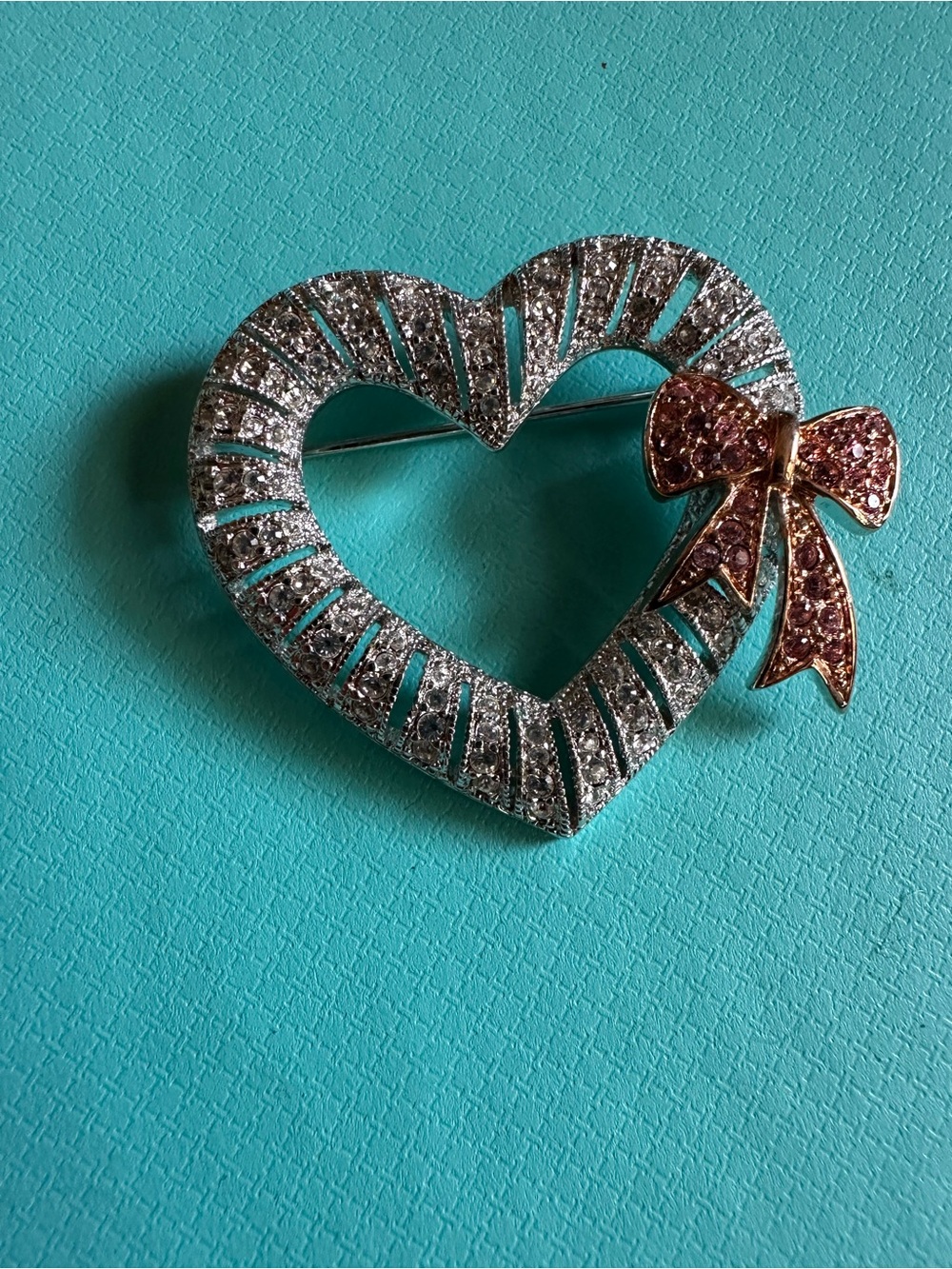 Vintage Joan Rivers Heart Brooch Clear Rhinestone Pink Bow Pin